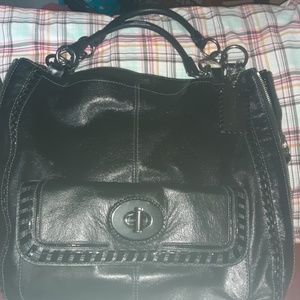 Coach leather balck w satin purple inside serai#